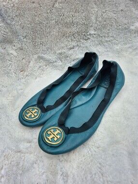 Tory Burch Leather Teal Gold Flats SZ 8.5